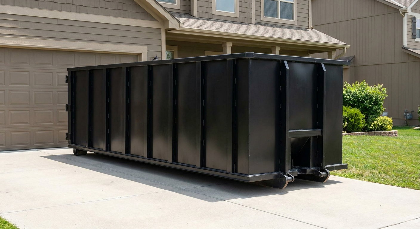 Matte-black residential roll-off dumpster sitting directly on a suburban Springfield concrete driveway, garage door closed, single-family home in background, bright morning daylight.