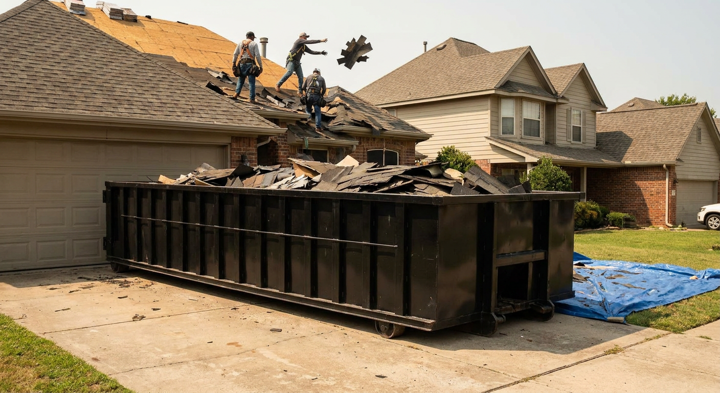 Matte-black roofing roll-off dumpster placed directly on a Springfield residential concrete driveway, a tear-off crew on a two-story asphalt-shingle roof tossing shingle bundles into the low-walled container, bright daylight, documentary 35mm perspective.