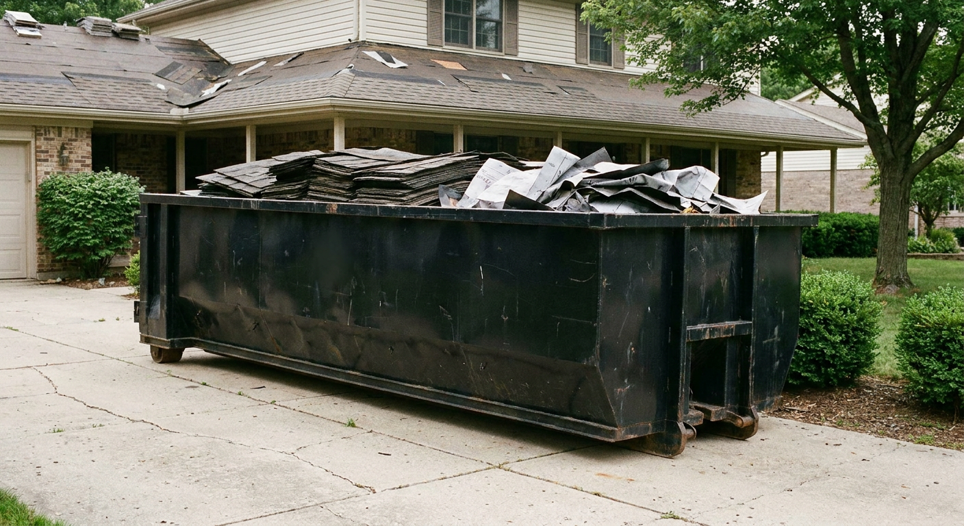 Matte-black 30-yard roofing roll-off dumpster sitting directly on a Springfield concrete driveway, taller ribbed steel side panels, mixed tear-off debris of asphalt shingles and underlayment inside, professional documentary daylight.