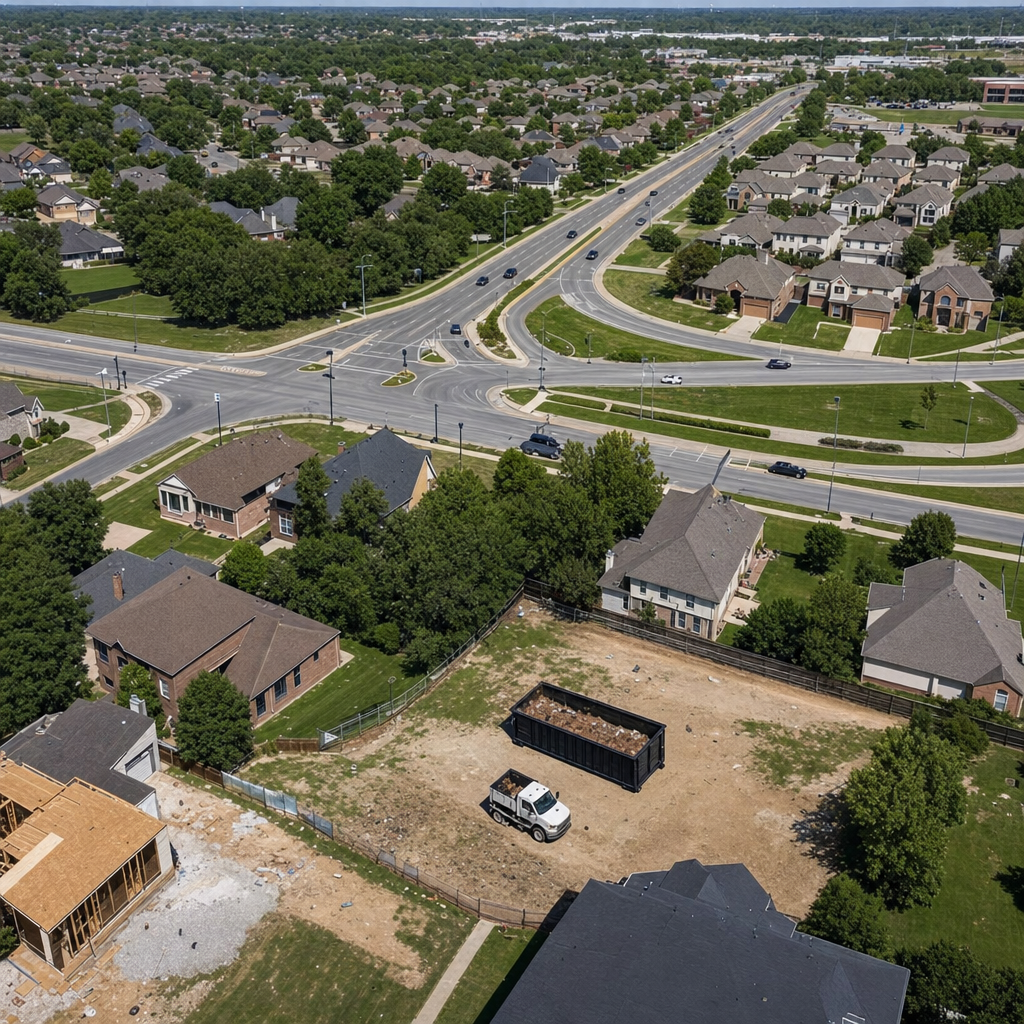 An overhead documentary view of the Springfield metro area at midday, showing the spread of neighborhoods, arterial roads, and the dispatch radius from a central yard — clean daylight, organized geographic layout.