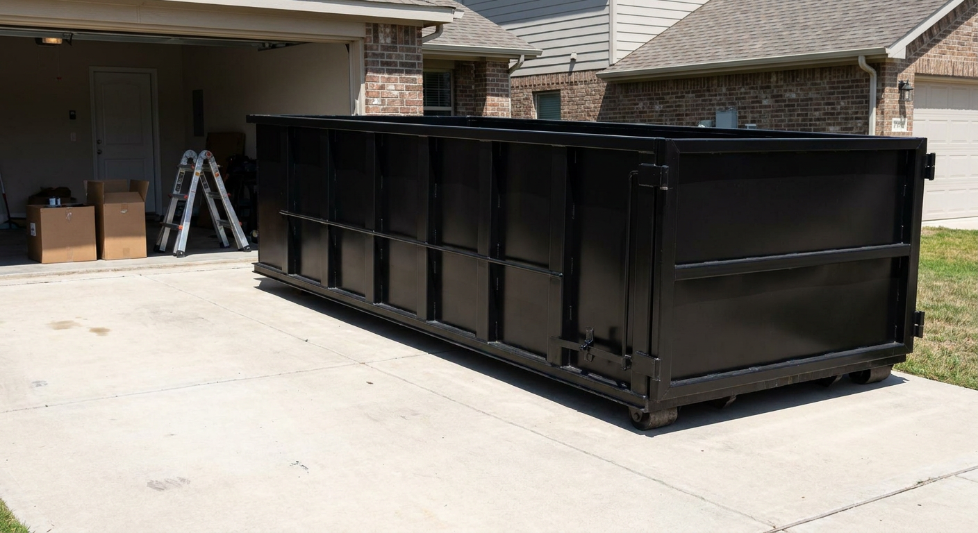 A matte-black 10-yard roll-off dumpster sitting directly on a residential Springfield concrete driveway, mid-day sunlight, clean and ready for a garage cleanout.