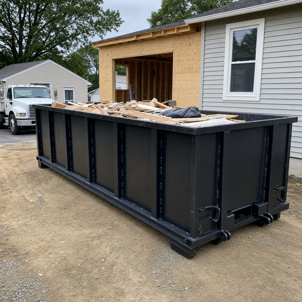A matte-black 30-yard roll-off dumpster positioned at a Springfield residential addition jobsite, with framing lumber and drywall scraps loaded through the open swinging rear doors.