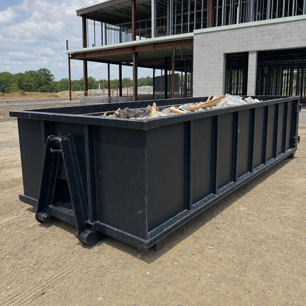 A matte-black 40-yard roll-off dumpster staged on a large Springfield commercial construction lot, with a hooklift delivery truck parked alongside under bright midday sky.